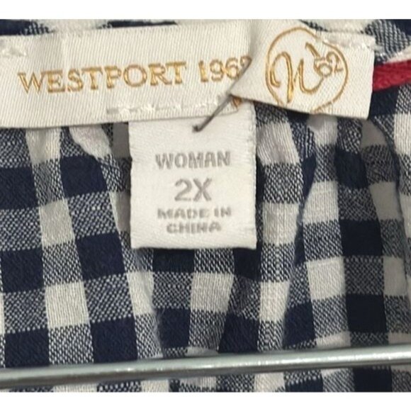 Westport 1989 Womens 2X Navy & White Gingham Blouse With Red Embroidery & Tie Sl - Picture 3 of 6